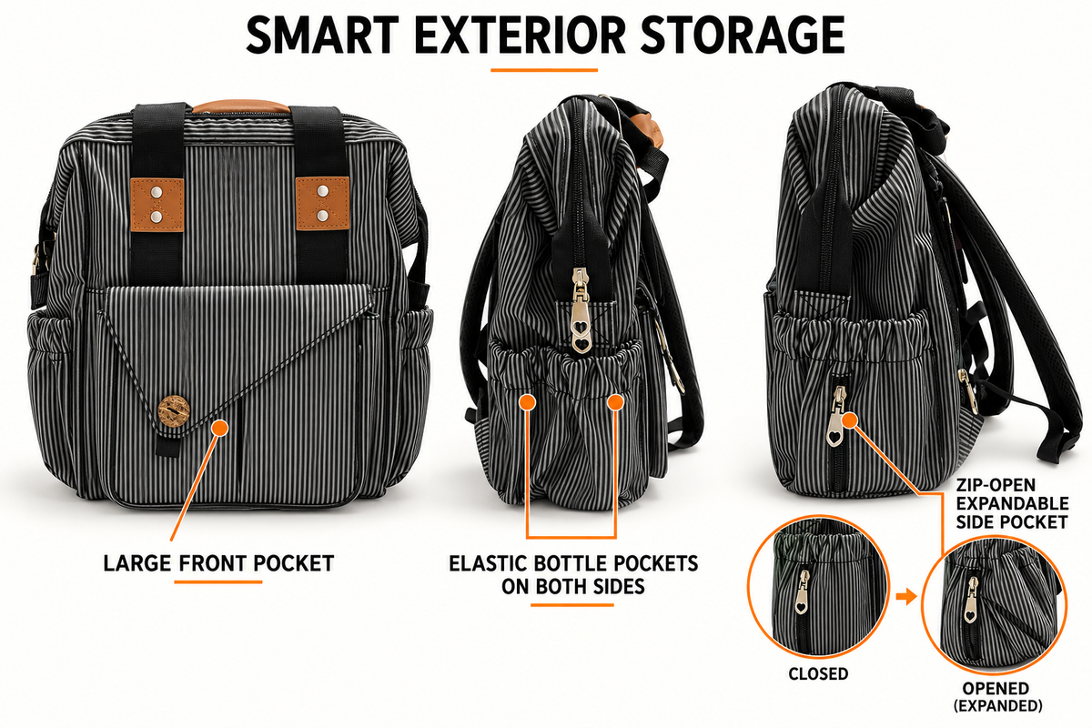 striped diaper bags backpack design showing large front flap pocket elastic side bottle pockets and zip open expandable side pocket