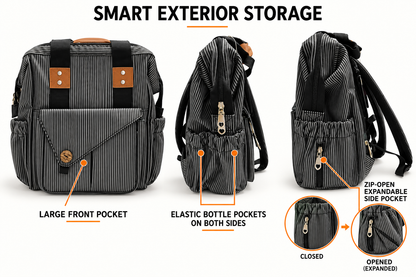 striped diaper bags backpack design showing large front flap pocket elastic side bottle pockets and zip open expandable side pocket