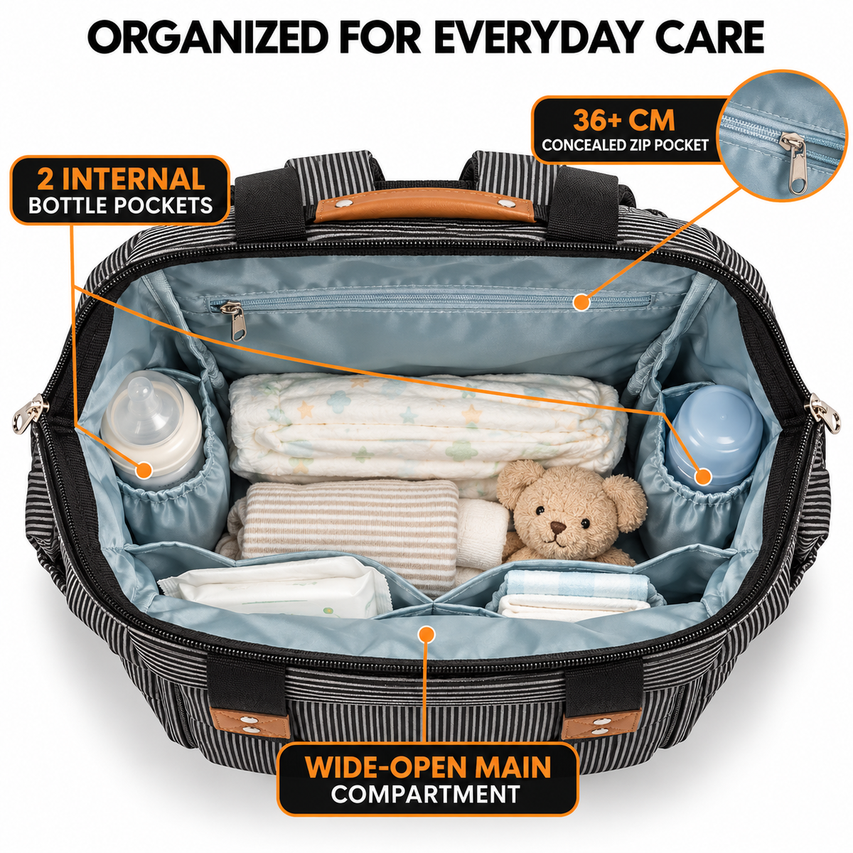 open diaper backpack showing two internal elastic bottle pockets wide main compartment and long concealed zippered pocket