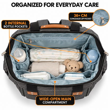 open diaper backpack showing two internal elastic bottle pockets wide main compartment and long concealed zippered pocket