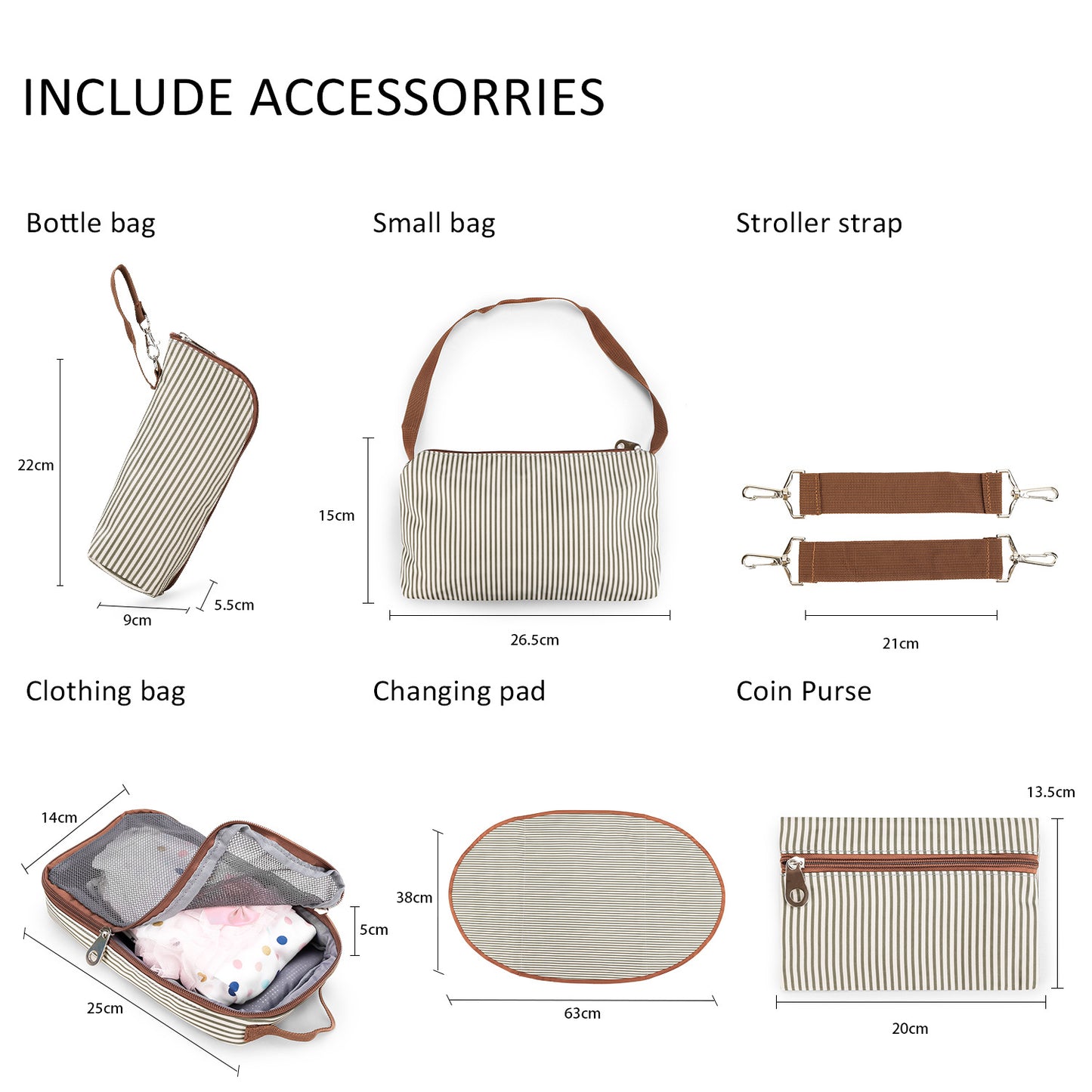 Diaper bag accessories including changing pad bottle bag clothing bag and coin pouch