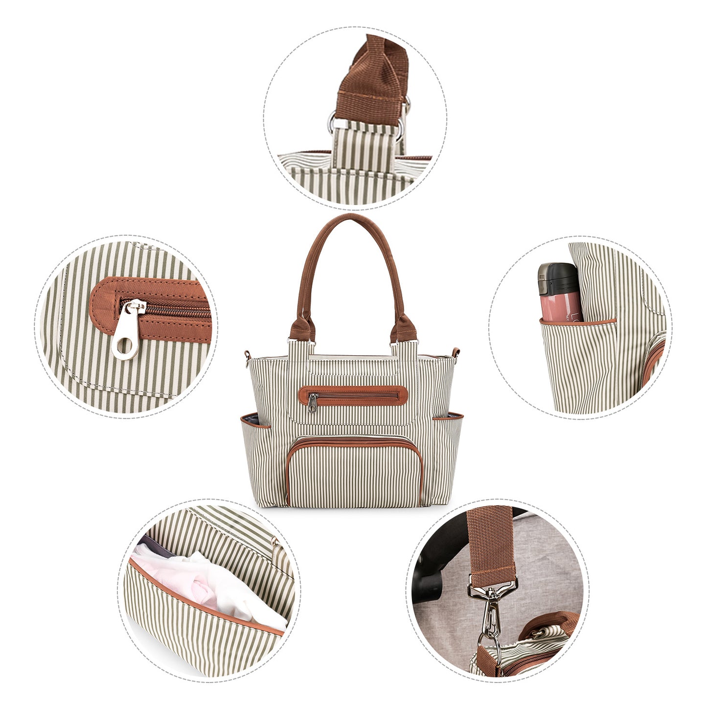 Close-up details of diaper bag tote including zipper shoulder strap bottle pocket and hardware