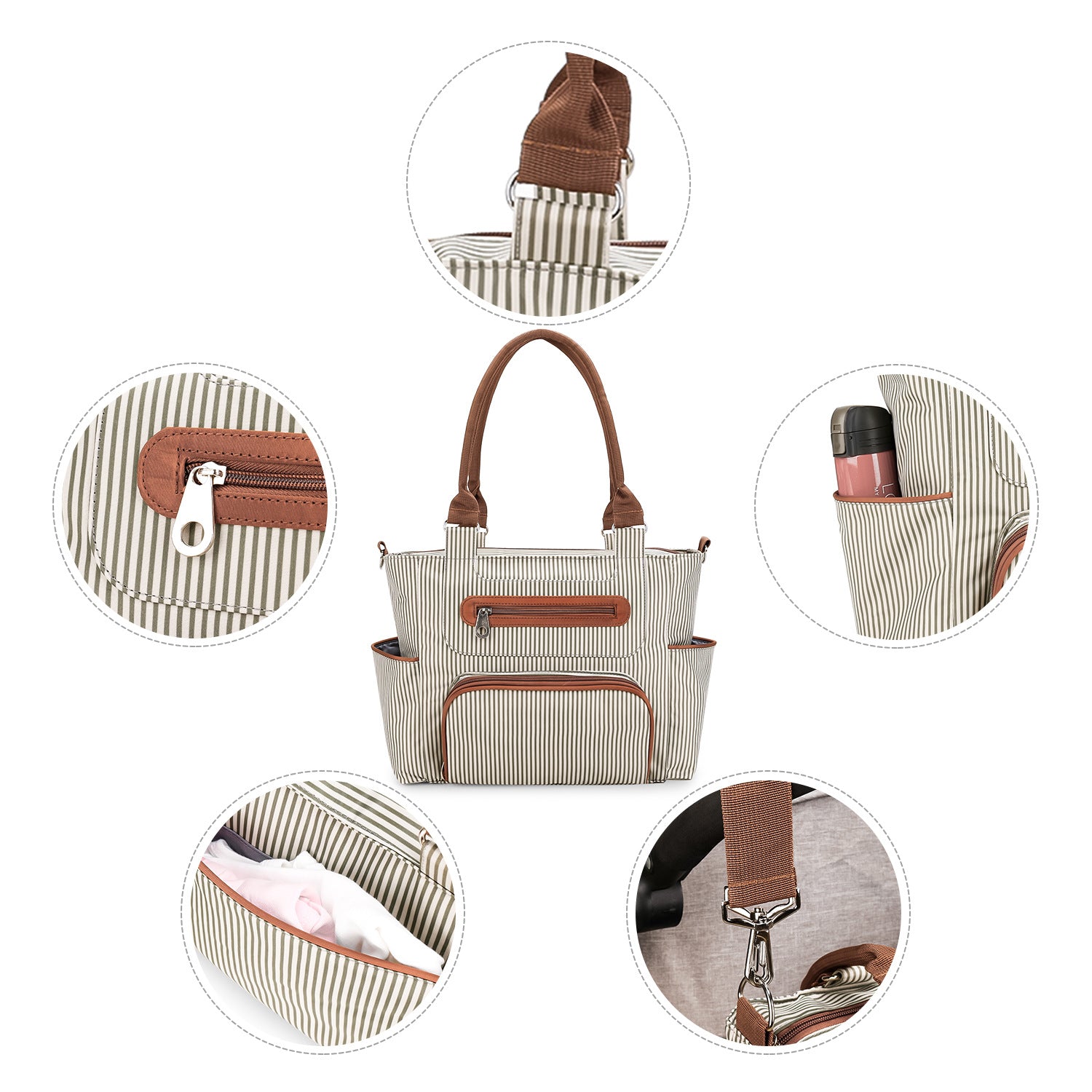 Close-up details of diaper bag tote including zipper shoulder strap bottle pocket and hardware