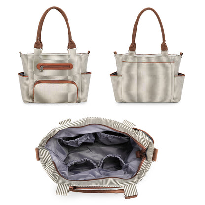 Front back and interior layout of diaper bag tote