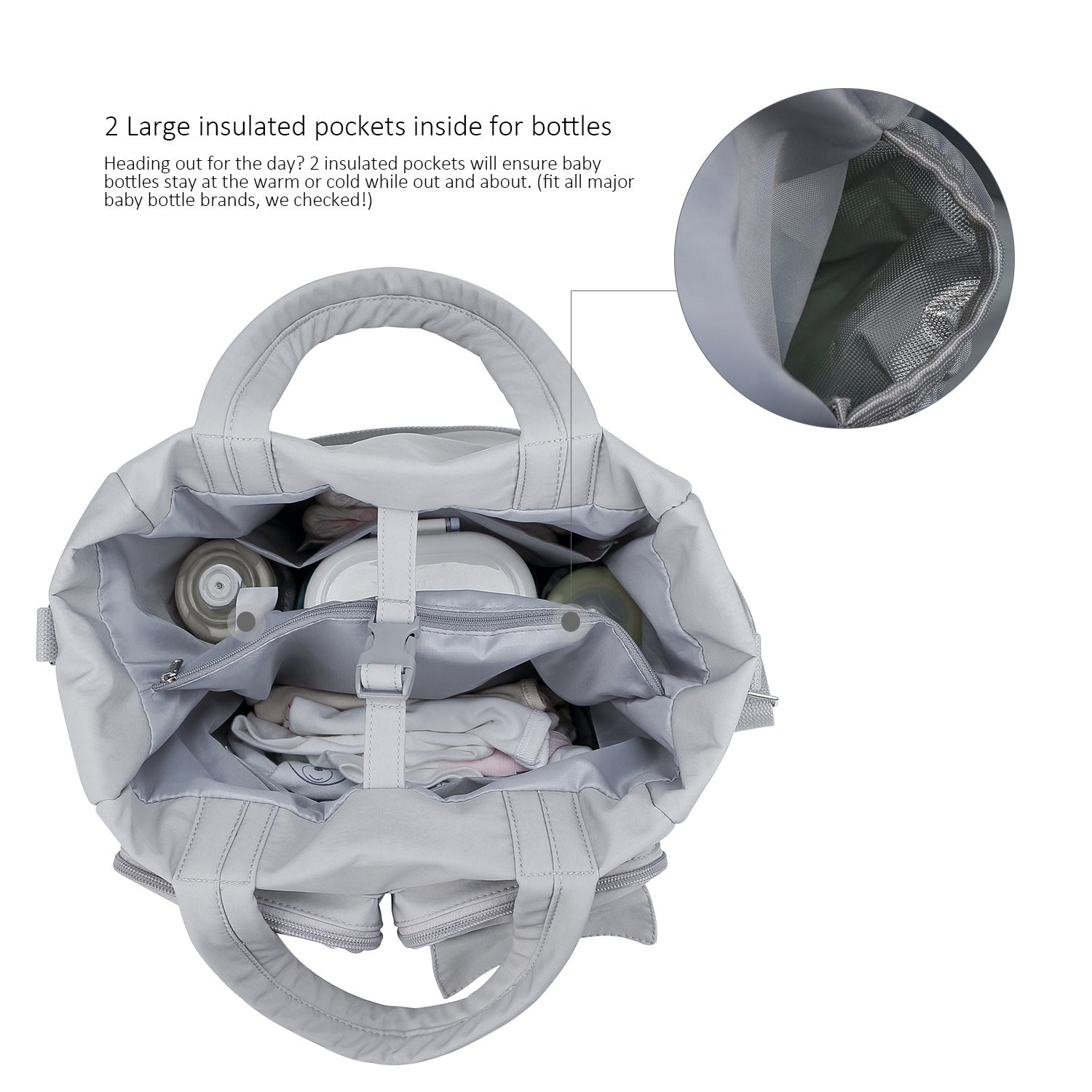 Diaper bag organizer compartment with insulated bottle pockets for baby essentials storage