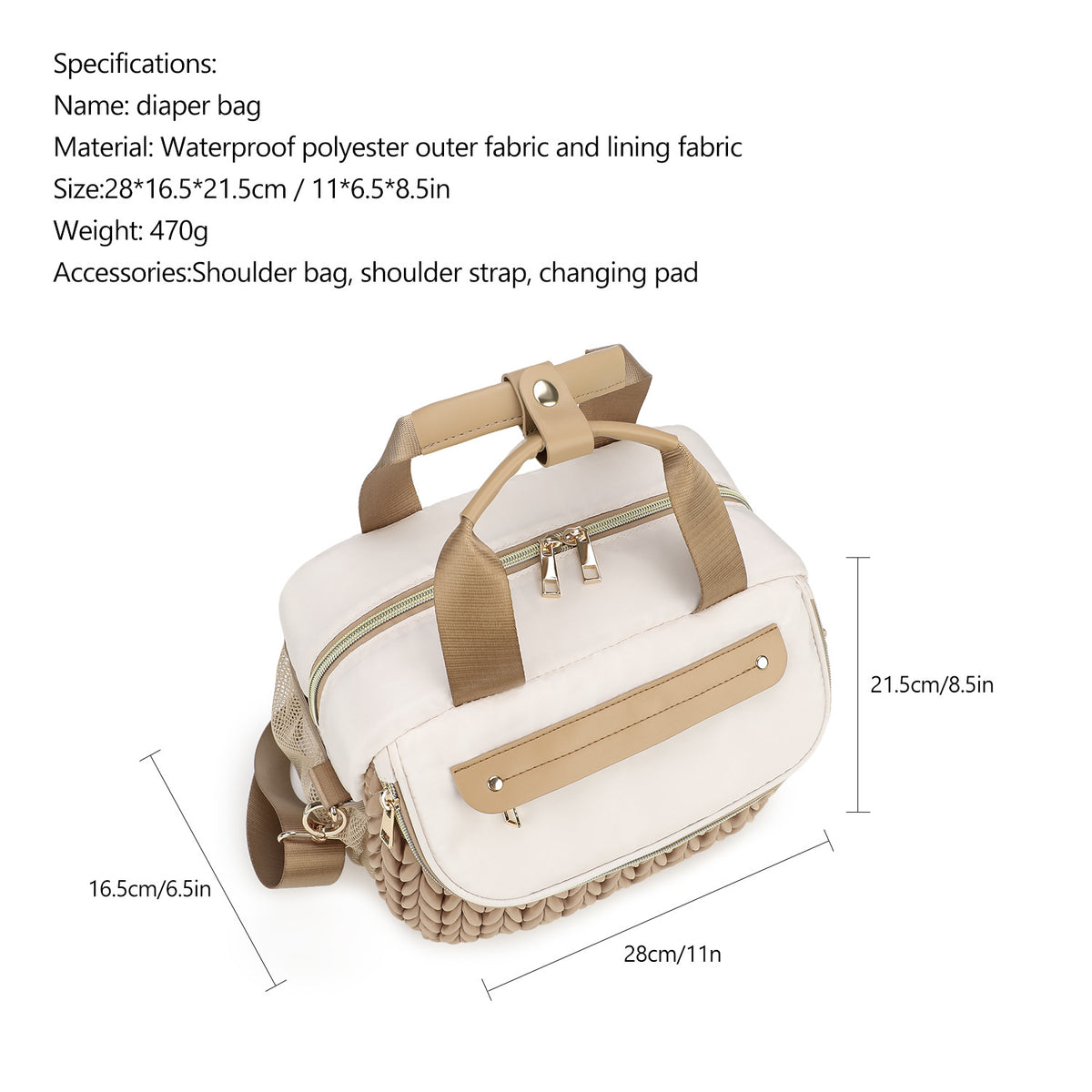 diaper bag tote size 28 x 16.5 x 21.5 cm with top handles and shoulder strap