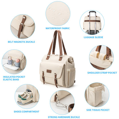 diaper bag tote feature diagram showing insulated bottle pockets side tissue pocket water-resistant fabric and suitcase sleeve