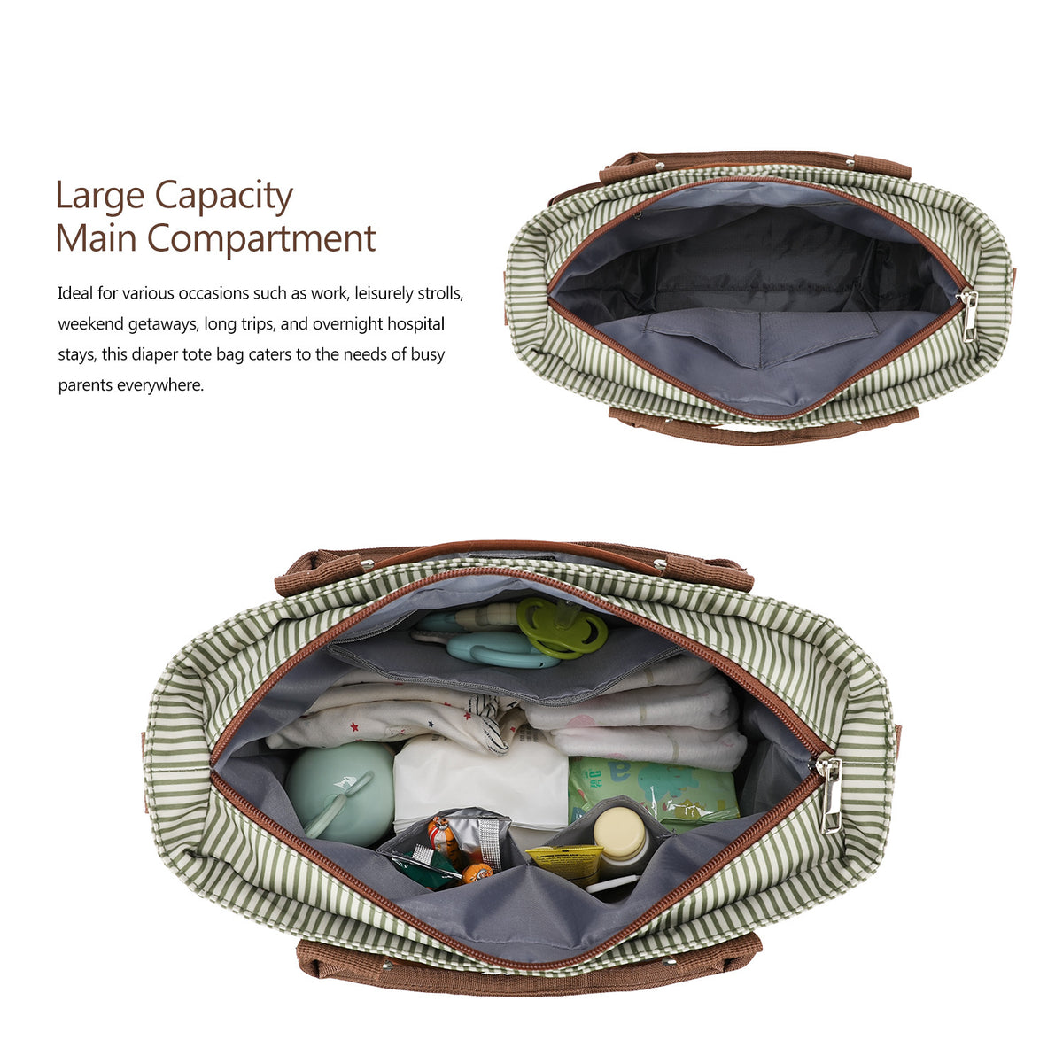 open polyester diaper bag tote showing wide zippered main compartment gray lining interior pockets and baby supplies