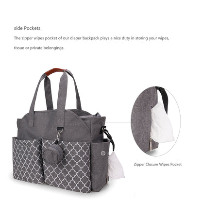 diaper bag tote with side pocket for wipes and baby accessories
