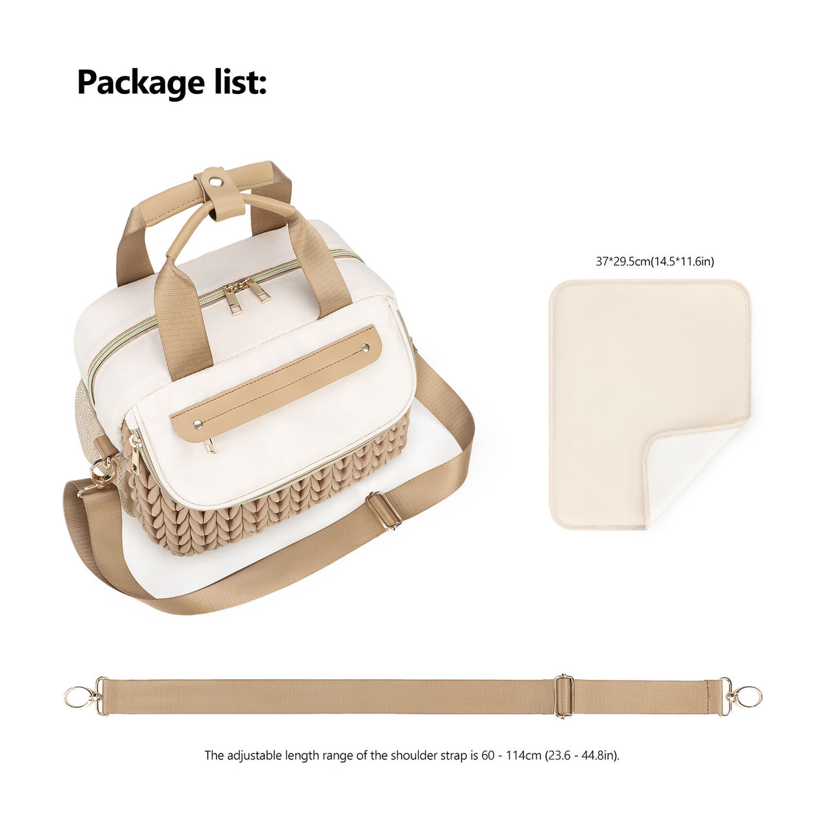 diaper bag with changing pad and adjustable 60 to 114 cm shoulder strap