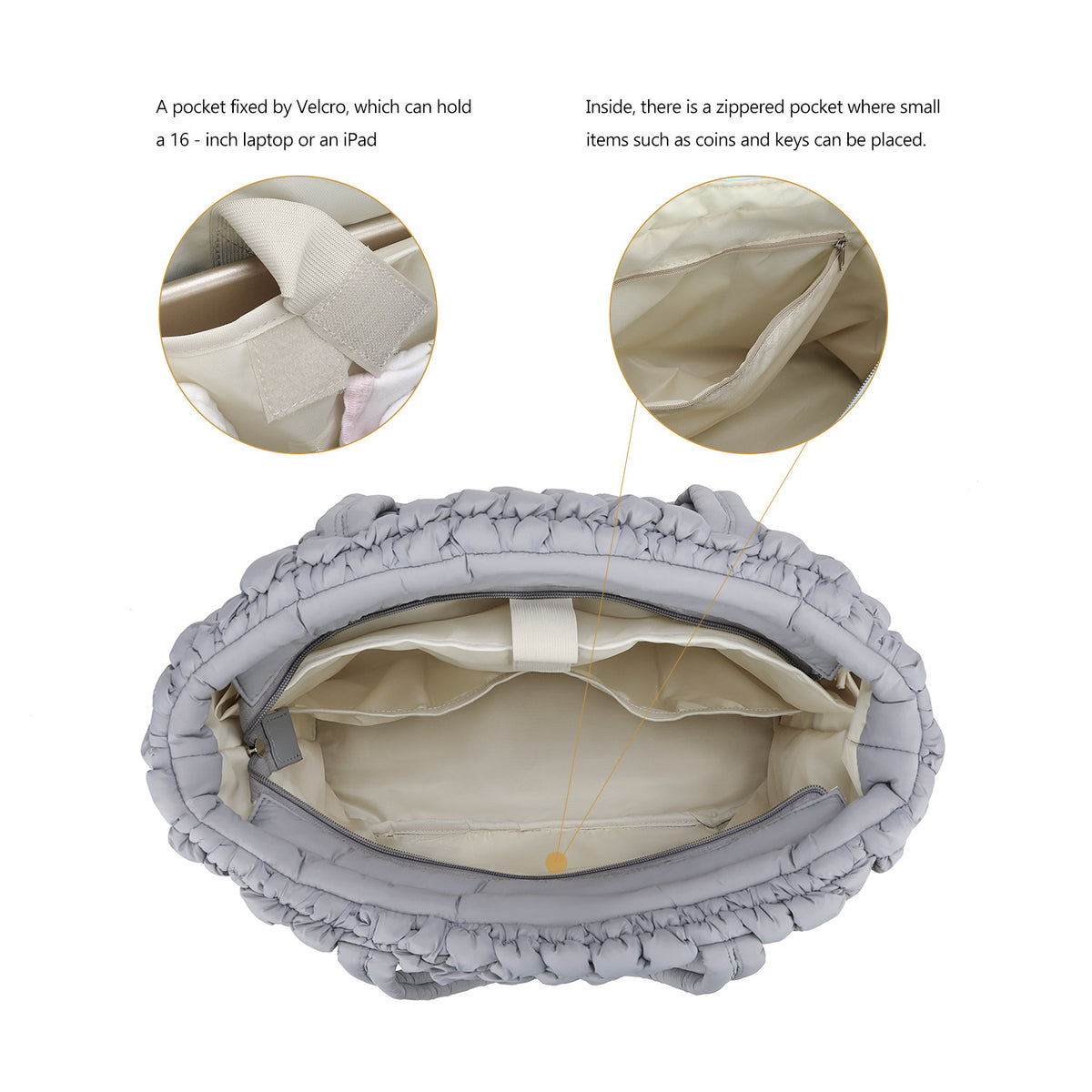diaper tote interior with velcro pocket for 16 inch laptop or ipad and small zipper pocket