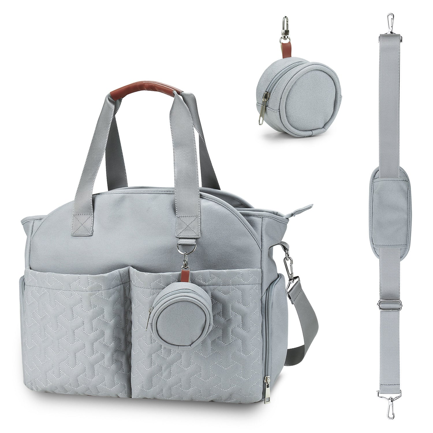Large diaper tote bag with adjustable shoulder strap and pacifier pouch