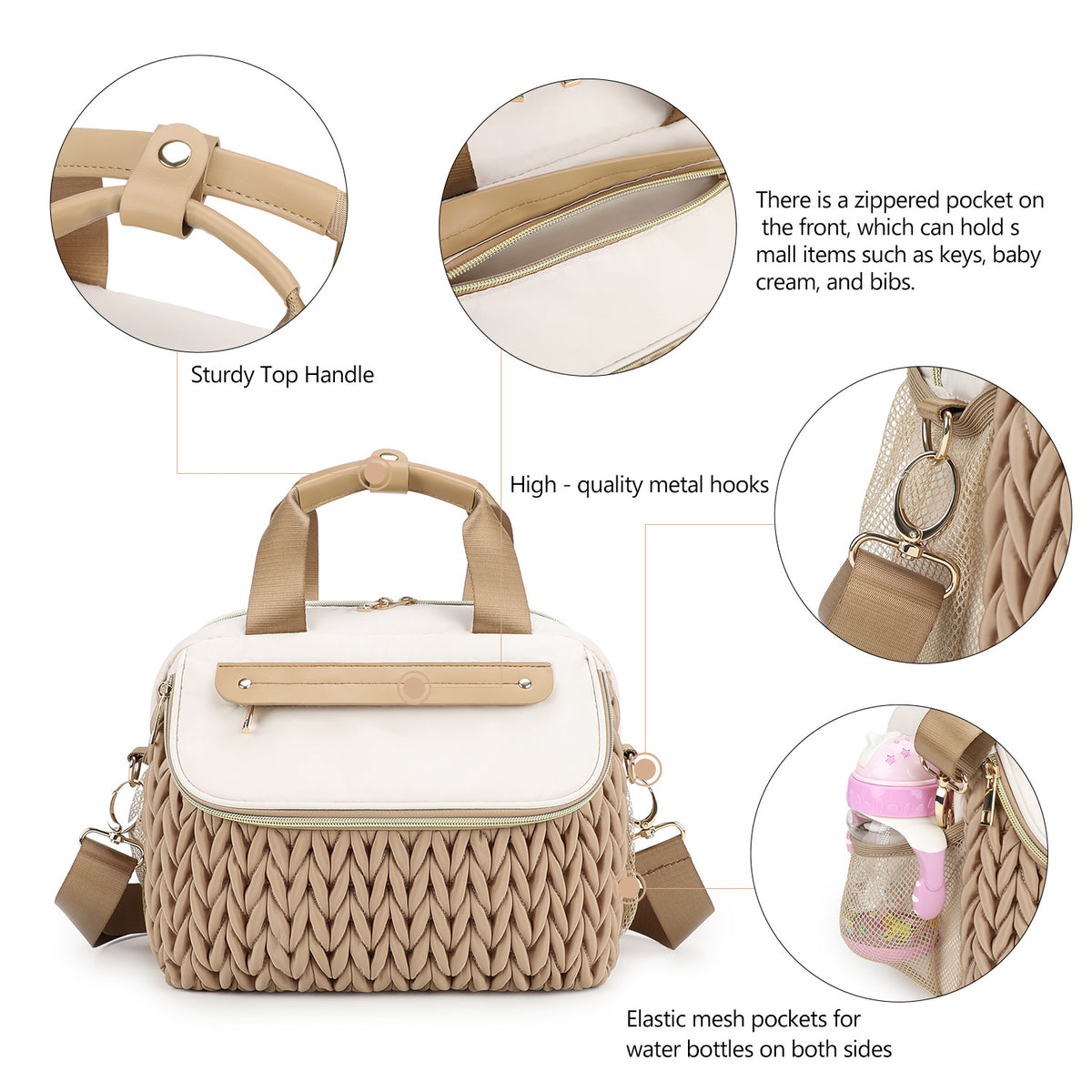 diaper tote bag with sturdy top handle front zipper pocket metal hooks and side mesh bottle pockets