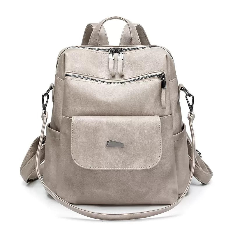 double khaki womens pu backpack with matching front flap and detachable carry strap