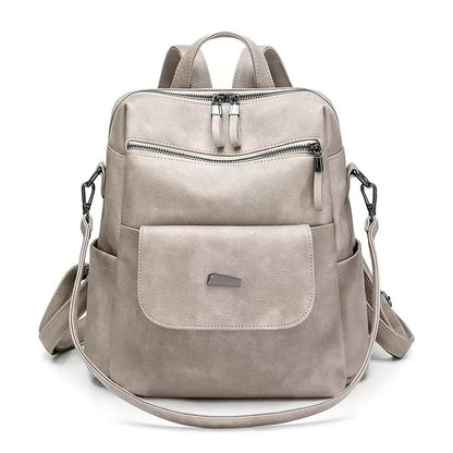 double khaki womens pu backpack with matching front flap and detachable carry strap