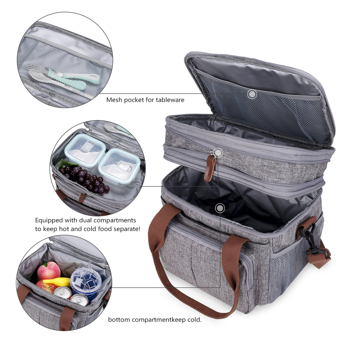 dual compartment insulated cooler bag interior with separate food storage sections and lid mesh pocket for tableware