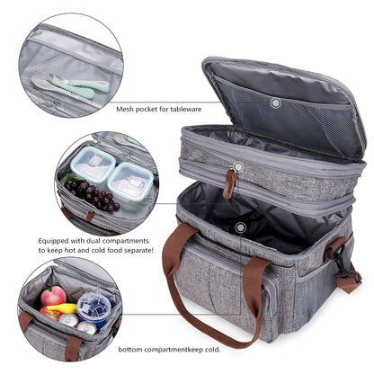 dual compartment insulated cooler bag interior with separate food storage sections and lid mesh pocket for tableware