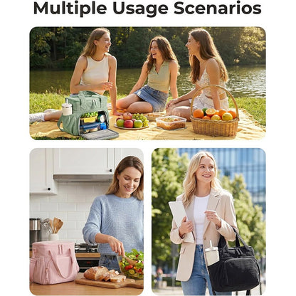dual-compartment lunch bag with wide-opening upper section front-load lower section and elastic pocket for 14 to 40 oz bottles