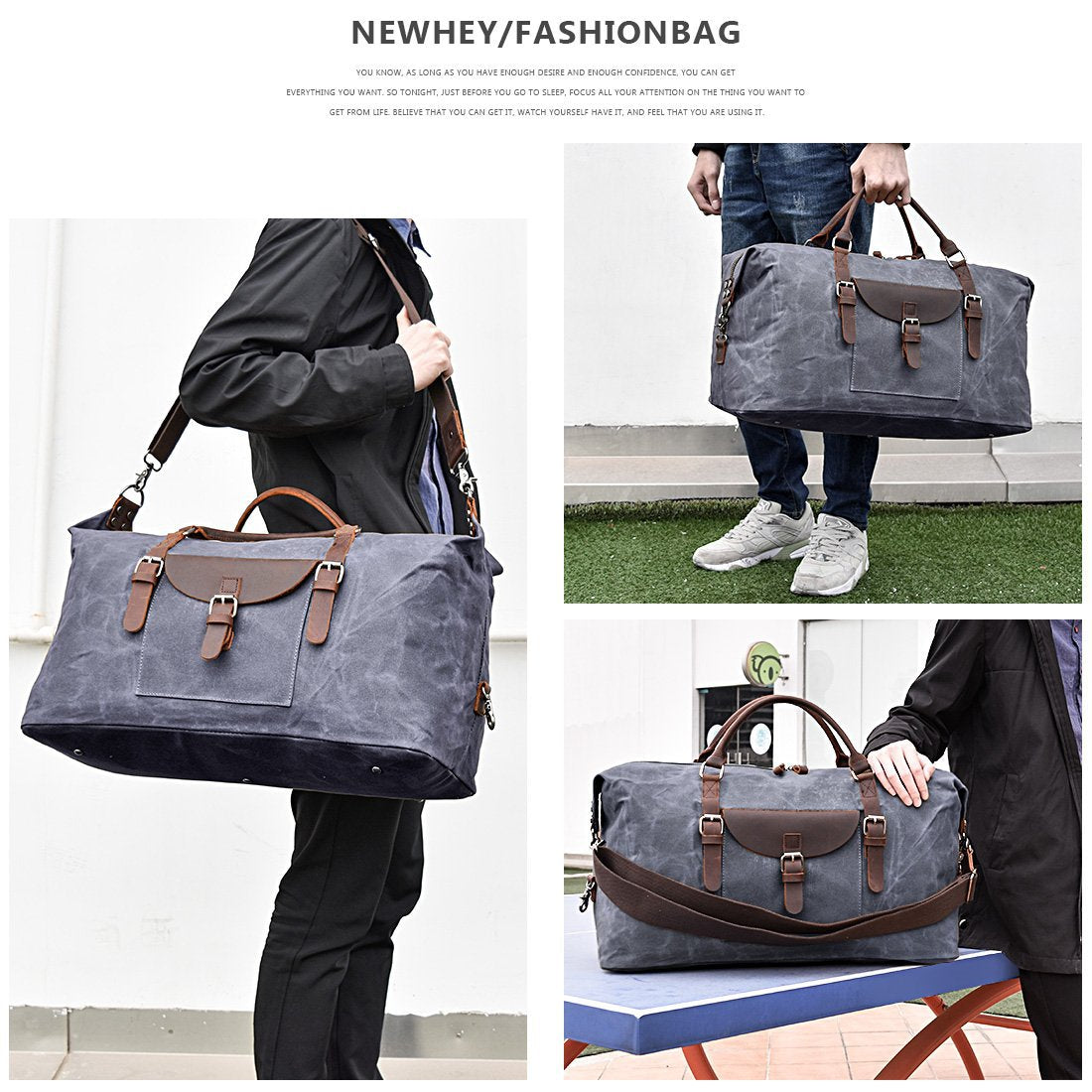 gray men canvas duffel bag,custom,model display