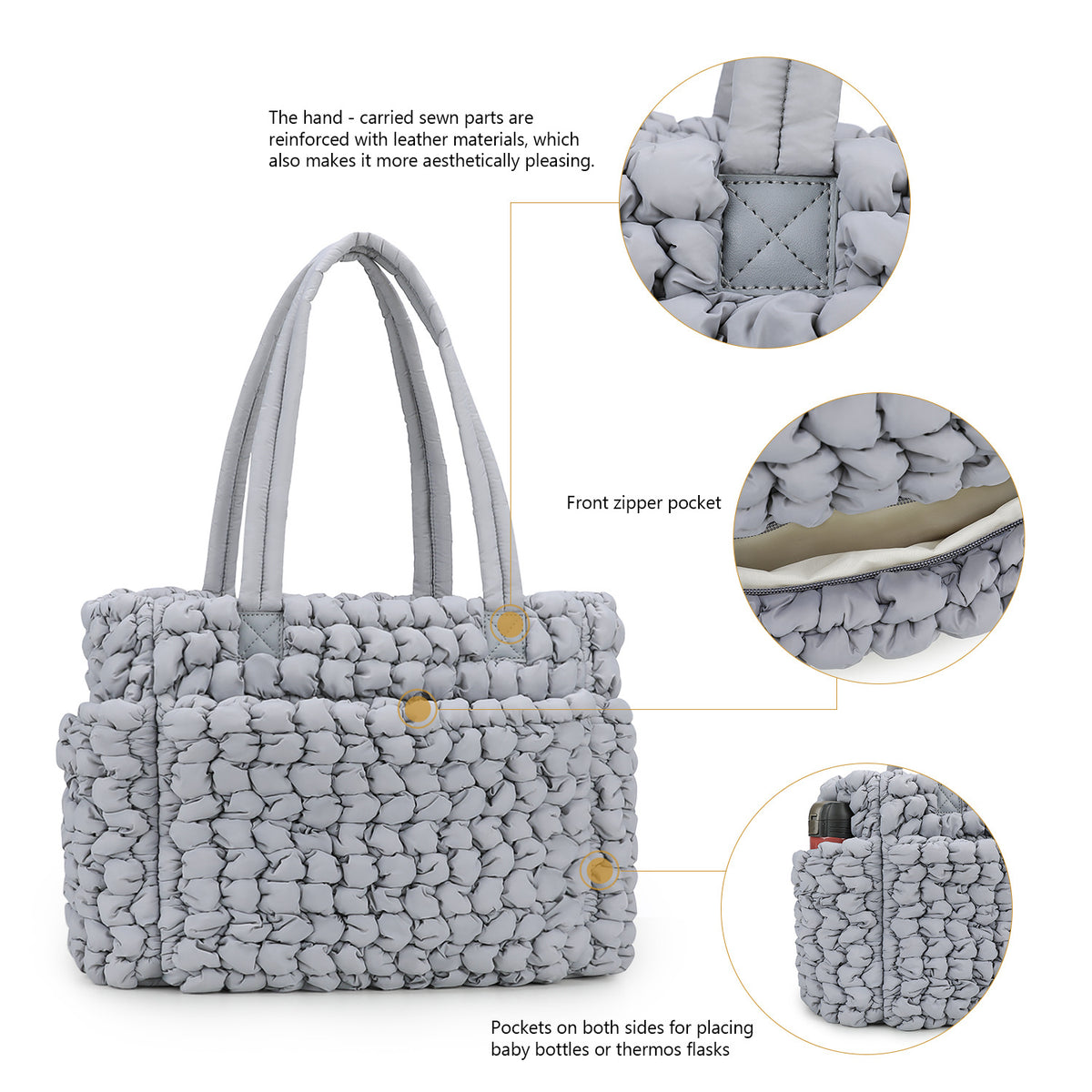 durable diaper bag with reinforced handle stitching front zipper pocket and side bottle pockets