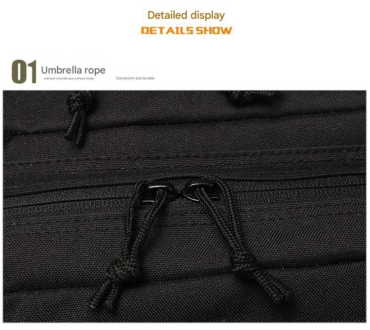 durable tactical backpack detail with dual cord zipper pulls and molle webbing