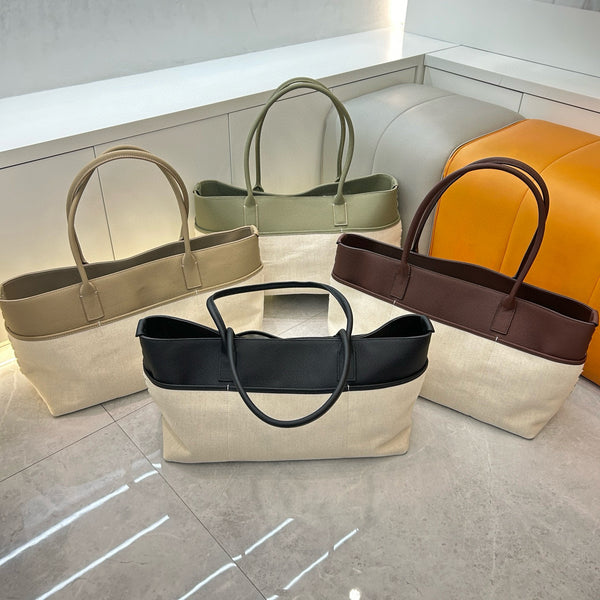 Canvas Genuine Leather Large Tote Bag Women's Commuting Bag Shopping Bag
