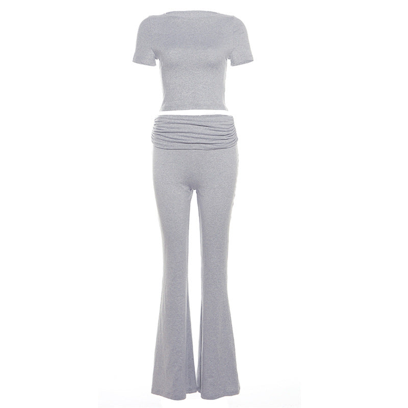 2024 Summer New Women's Slim Fit Crop-Top Short Sleeve T-shirt High Waist Hip Wide Leg Pants Suit