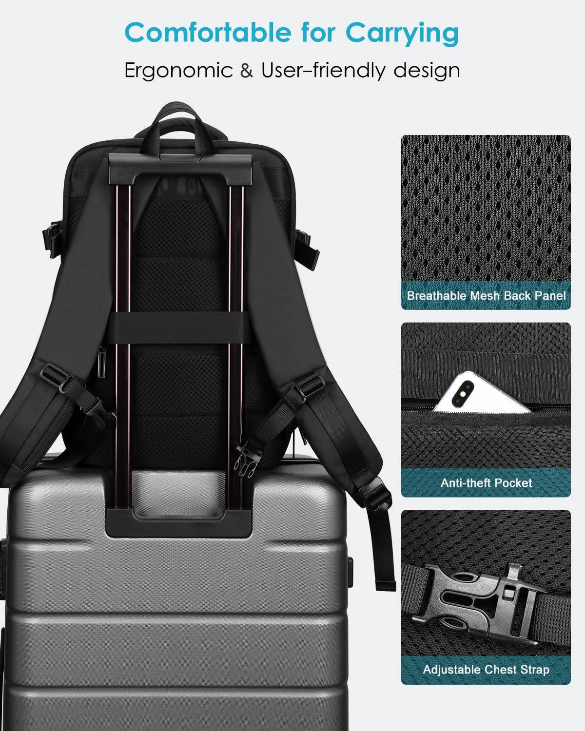 ergonomic business travel backpack with breathable back panel and adjustable chest strap