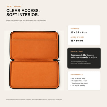 eva laptop sleeve opened flat to 180 degrees showing orange padded lining internal slip pocket and approximate 38 x 50 cm open size
