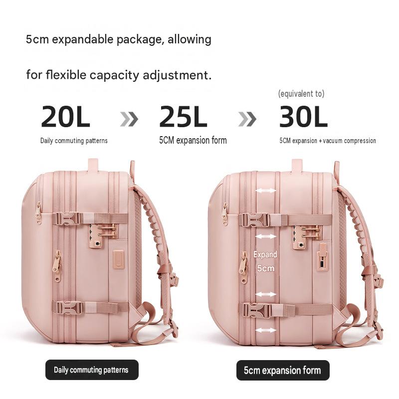 expandable backpack capacity comparison showing 20L compact mode 25L expanded mode and equivalent 30L vacuum packing