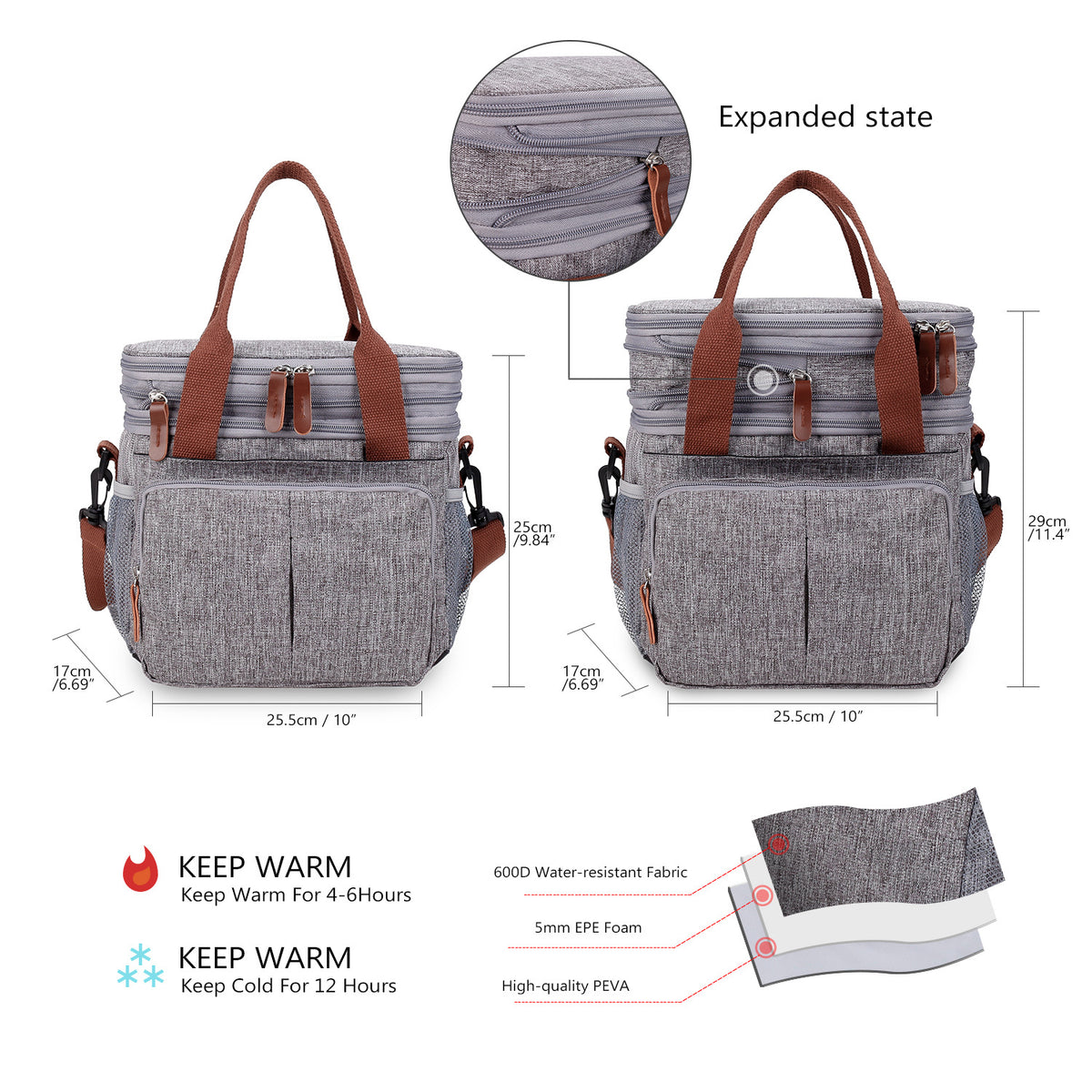 expandable cooler bag size 25.5 x 17 x 29 cm with 600D fabric 5 mm EPE foam and PEVA insulation