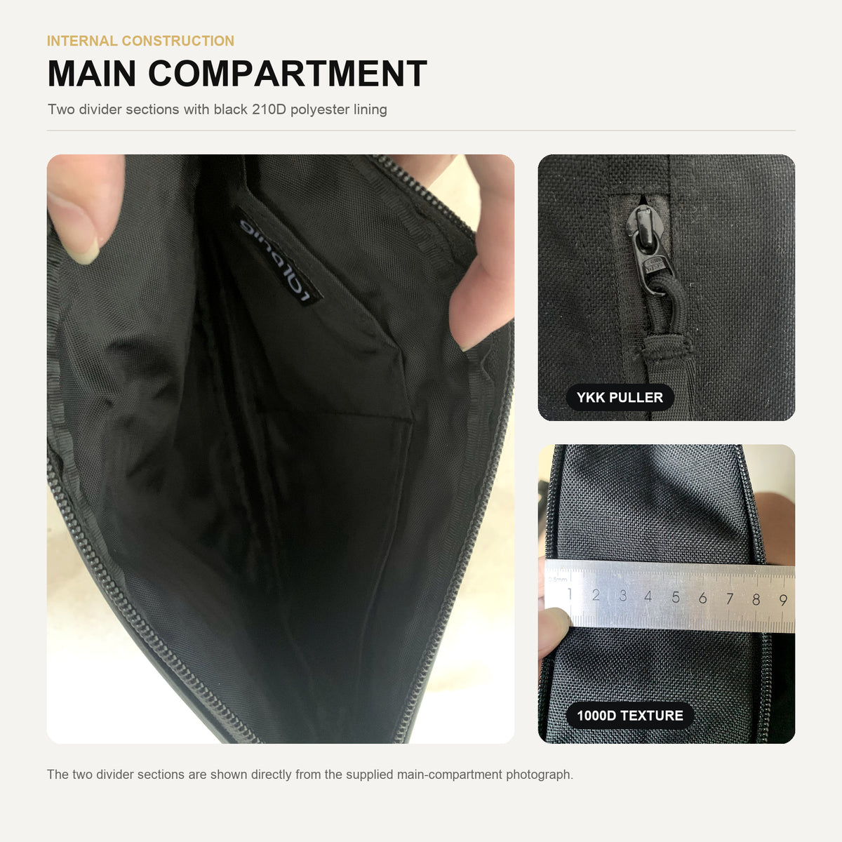 Expandable crossbody bag main compartment with two internal divider sections, black polyester lining and zipper puller detail