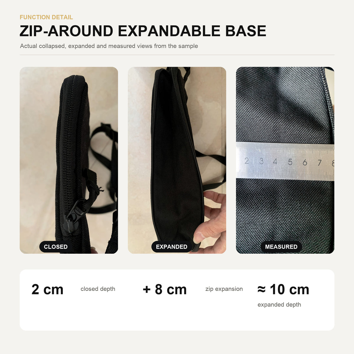 Expandable crossbody bag side comparison showing closed 2 cm depth and zip-around base expanded to approximately 10 cm