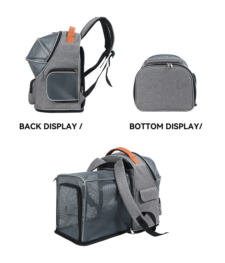 gray expandable pet backpack showing rear construction bottom panel and extended mesh compartment