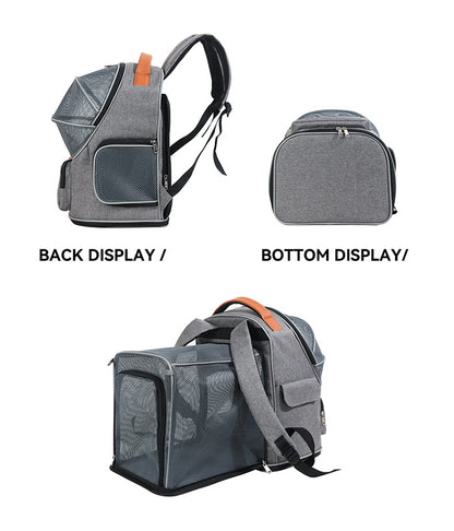 gray expandable pet backpack showing rear construction bottom panel and extended mesh compartment