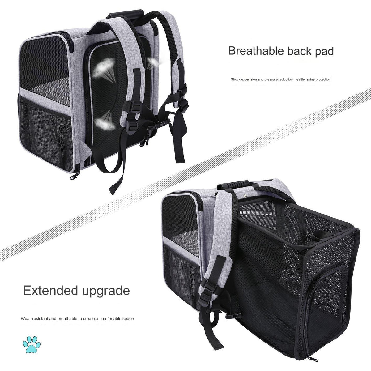 expandable pet carrier backpack showing closed carry mode and extended breathable mesh rest compartment