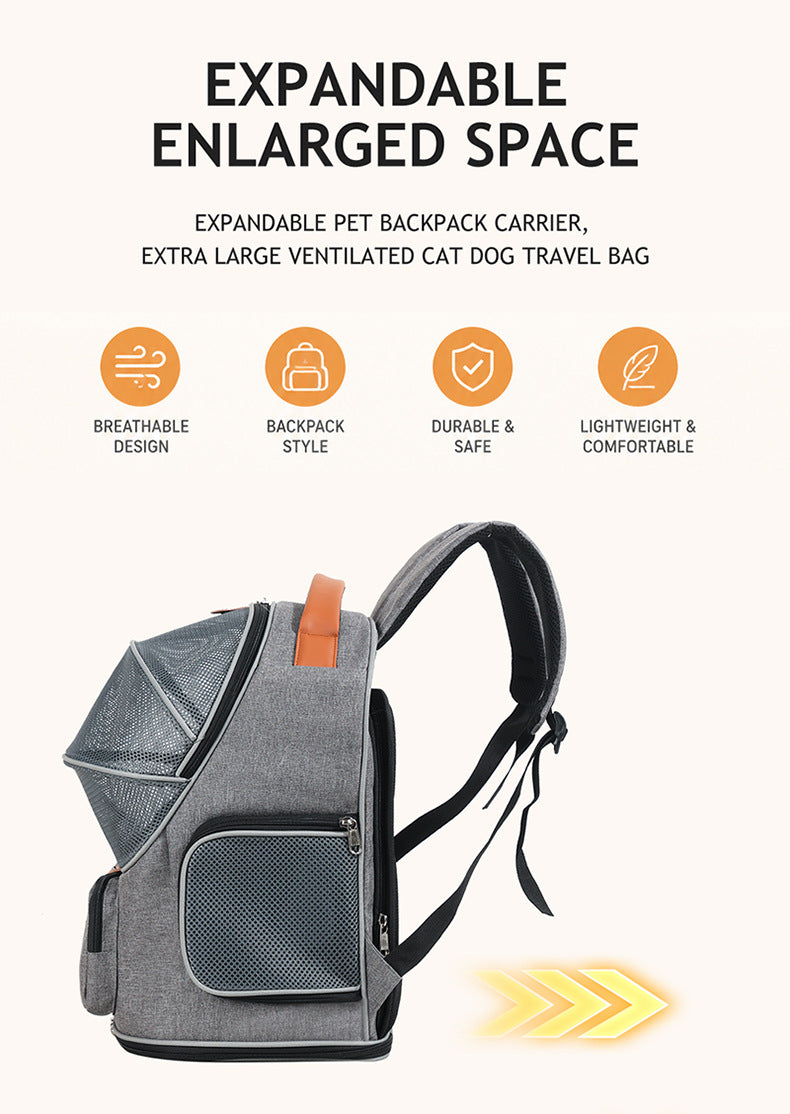 gray expandable pet carrier backpack side view showing extended mesh enclosure and padded shoulder straps