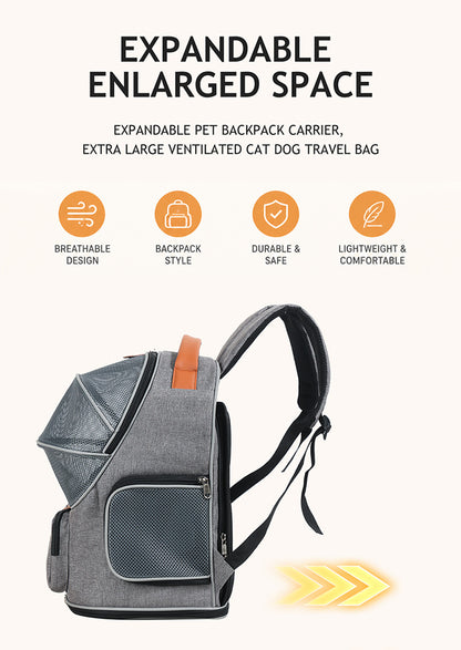gray expandable pet carrier backpack side view showing extended mesh enclosure and padded shoulder straps