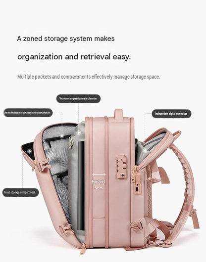 expandable travel backpack zoned storage system with vacuum main compartment shoe section laptop storage and front compartment