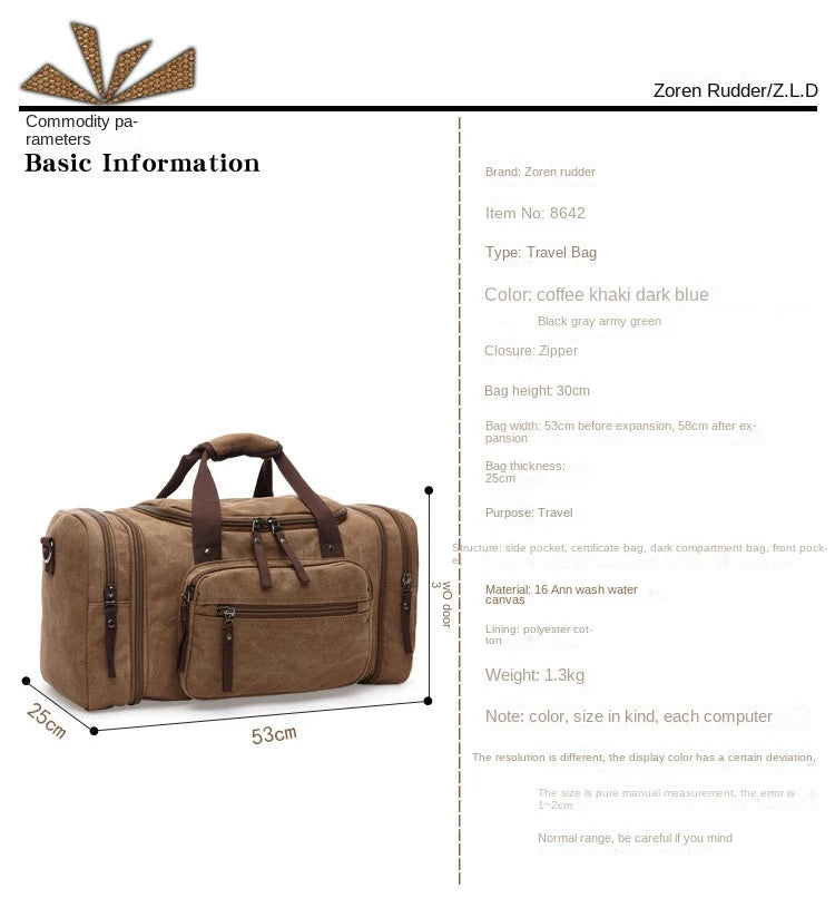 expandable travel duffel bag measuring about 53 x 25 x 30 cm and expanding to about 58 cm wide