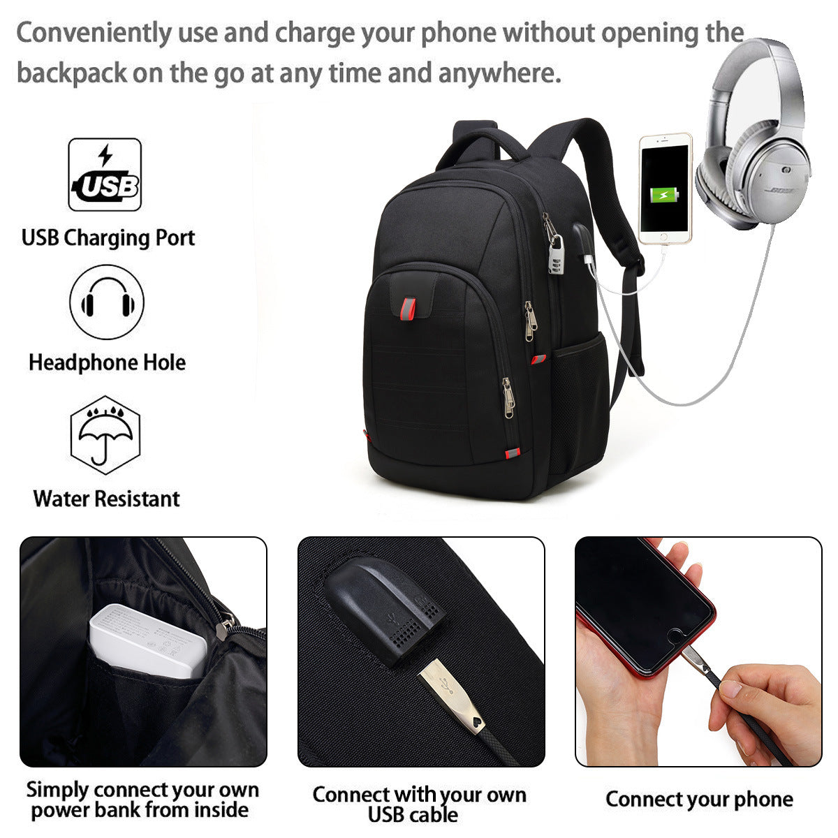 backpack external usb pass-through connected to an internal power bank with separate headphone access