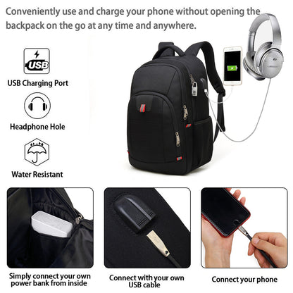 backpack external usb pass-through connected to an internal power bank with separate headphone access