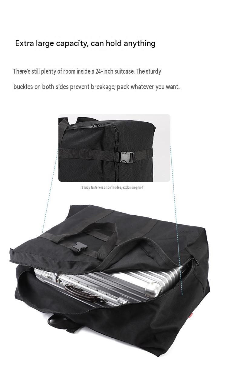 extra large travel bag shown holding a 24 inch suitcase with side buckle straps for securing the load
