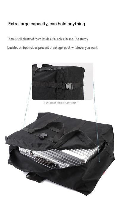 extra large travel bag shown holding a 24 inch suitcase with side buckle straps for securing the load