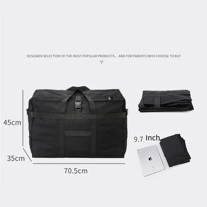 extra large travel bag size guide showing 70.5 x 35 x 45 cm body and compact folded storage form