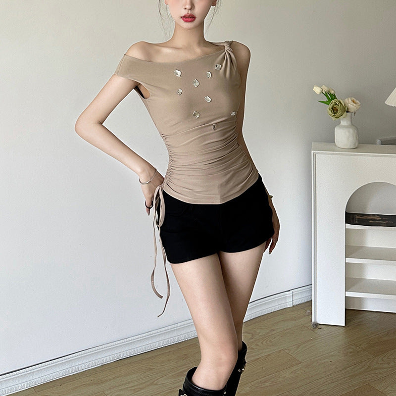 2024 Summer New Fashion Hot Girl Sexy off-Shoulder Slim Slimming Rhinestone Printed Top for Women