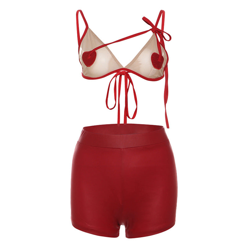 2024 Summer Fashion Hot Girl See-through Lace-up Top Slim Fit Hip Raise Shorts Suit Women