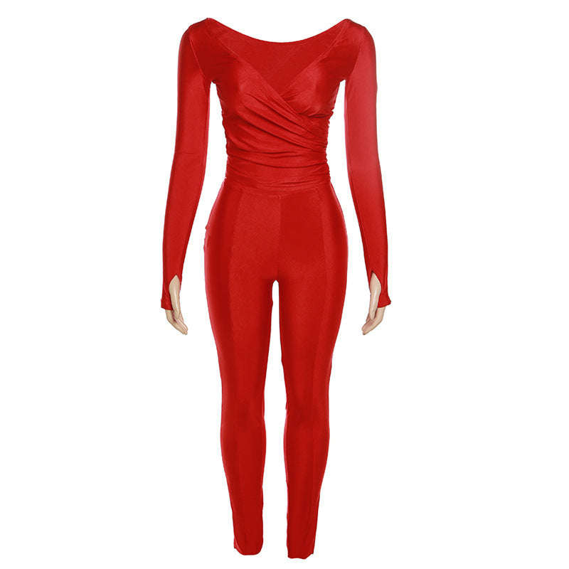 Fall Women's Clothing New Sexy off-the-Shoulder Large V-neck High Waist Tight Trousers Leisure Sports Suit