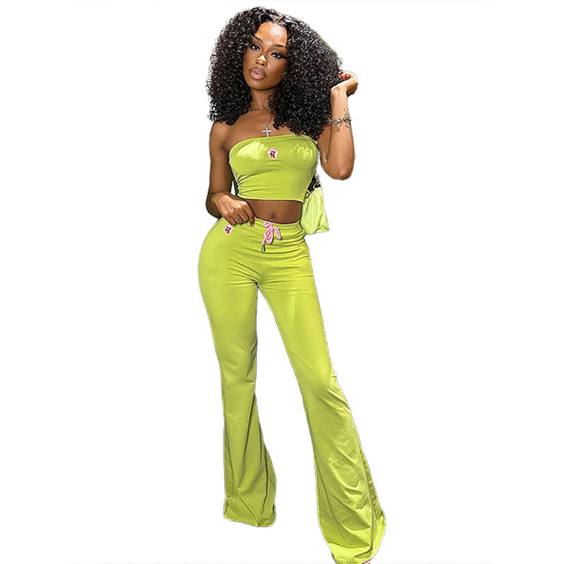 2024 Summer New Sexy Hot Girl Tube Top Embroidered High Waist Slim Fit Bell-Bottom Pants Suit Women