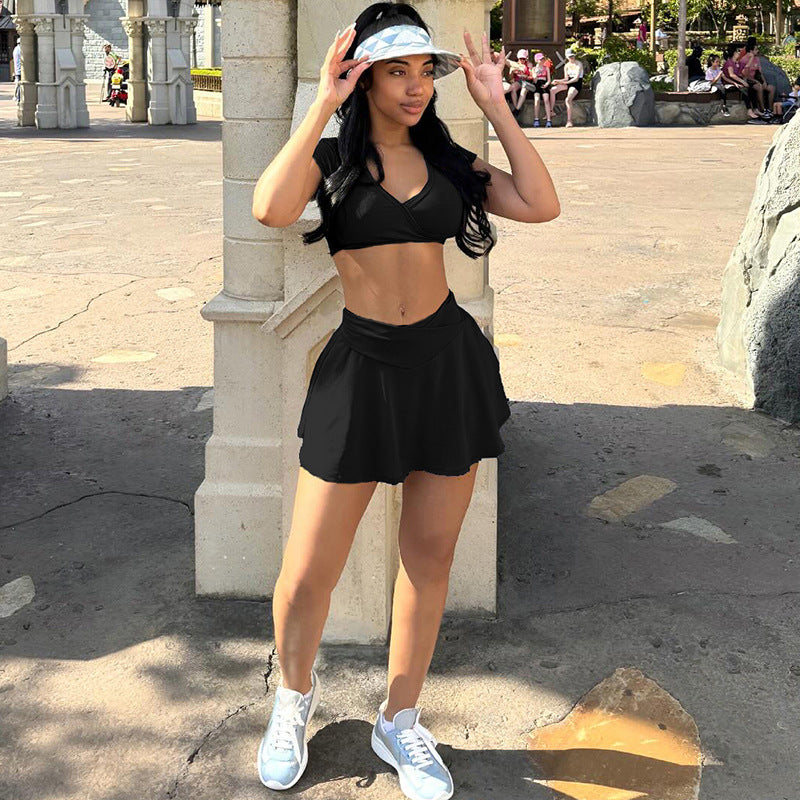 2024 Summer New Fashion Hot Girl Exposed Navel V-neck Top High Waist Slim Fit Fitness Sports Casual Skirt Outfit